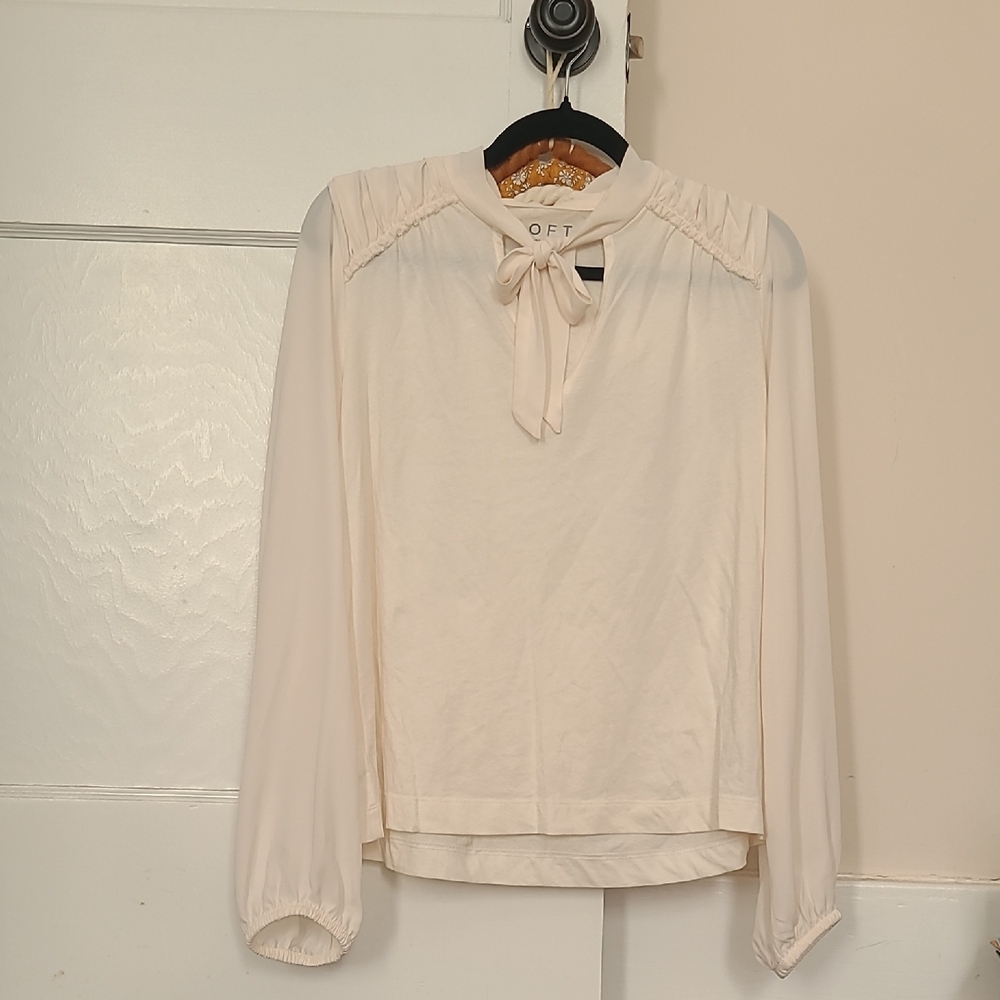 LOFT Women's Cream Blouse with Tie-Neck
